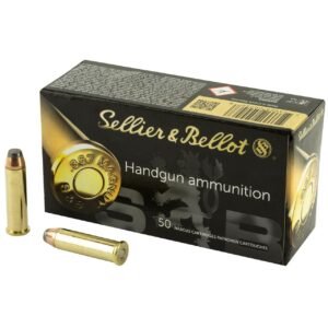 Box of sellier & bellot. 357 magnum handgun ammunition with two gold-colored cartridges on a white background.