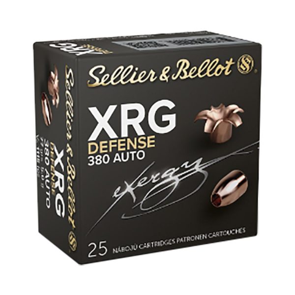Box of sellier & bellot xrg defense 380 auto ammunition with gold and black design, showing a copper bullet and expanded projectile image, containing 25 cartridges.