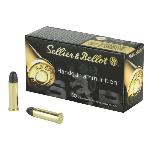 Box of sellier & bellot. 38 special handgun ammunition with two brass cartridges, featuring a black and gold color scheme.