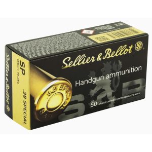 Box of sellier & bellot. 38 special handgun ammunition with black and gold packaging.