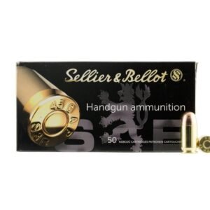 Sellier & bellot handgun ammunition box in black with gold lettering and a silver lion logo, featuring a. 45 gap cartridge.