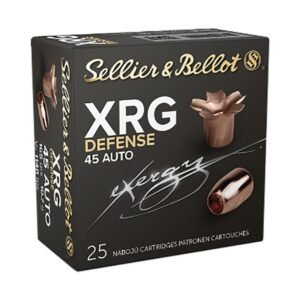 Box of sellier & bellot xrg defense. 45 auto ammunition, featuring copper-colored bullets and text on a black background.