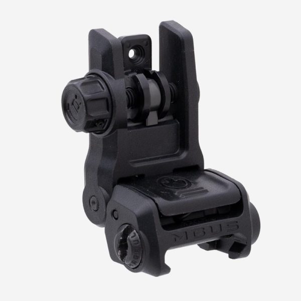 Black rifle sight accessory with adjustable knobs and mbus branding.