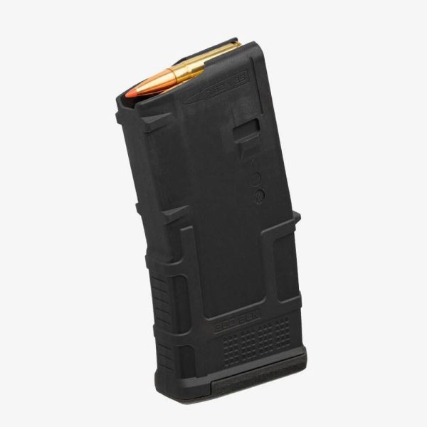 Black rifle magazine with visible gold ammunition on a white background.
