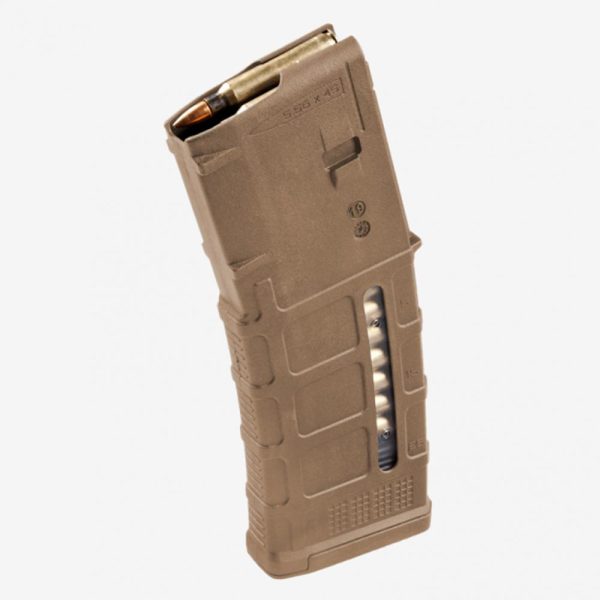 Tan polymer firearm magazine loaded with ammunition, showcasing side window and 5. 56 x 45 markings.