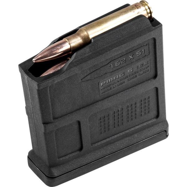 Black pmag s magazine with 7. 62 x 51 ammo, single round loaded, close-up view.