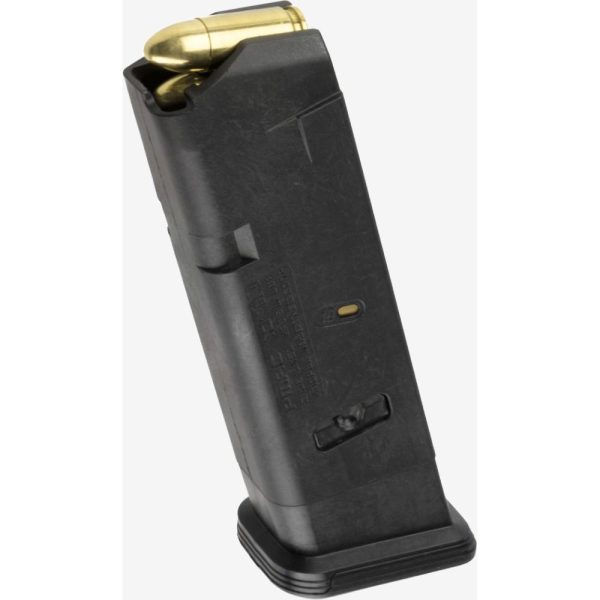 Black firearm magazine with visible brass ammunition rounds.
