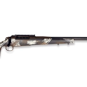 Camouflage-patterned rifle with black, brown, and white accents, featuring a carbon fiber barrel and grip located in casey, iowa.