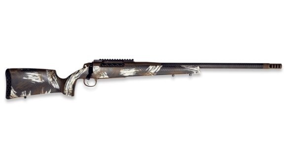 Camouflage-patterned rifle with black, brown, and white accents, featuring a carbon fiber barrel and grip located in casey, iowa.