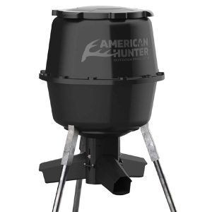 Black American Hunter game feeder on metal legs.
