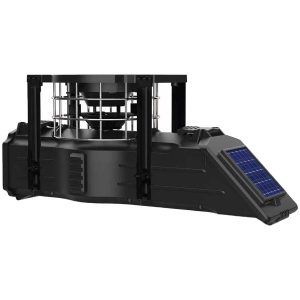 A black, modern outdoor solar-powered device with a cylindrical design and metal grills, featuring a solar panel on the side.