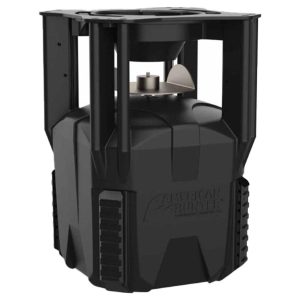 Black American Hunter wildlife feeder with a square design and open-top metal spinner mechanism.