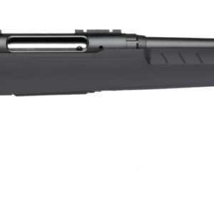 A black bolt-action rifle with a synthetic stock and textured grip, featuring a long barrel and visible trigger mechanism.