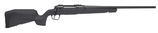 A black bolt-action rifle with a sleek design and textured grip, featuring a durable stock and barrel.