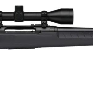 Black bolt-action rifle with a mounted scope, featuring a sleek matte finish and ergonomic stock design.