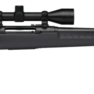 A black bolt-action rifle with a scope attached, showcasing the sleek design and matte finish.