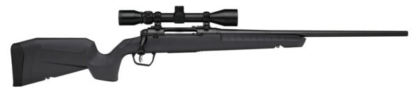 A black bolt-action rifle with a scope attached, showcasing the sleek design and matte finish.