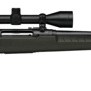 Black and dark green bolt-action rifle with a scope attached, featuring a sleek synthetic stock.