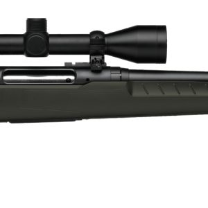 A high-quality image of a black bolt-action rifle with a scope, featuring an olive green synthetic stock and a matte black barrel and receiver.
