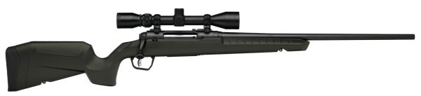 A high-quality image of a black bolt-action rifle with a scope, featuring an olive green synthetic stock and a matte black barrel and receiver.
