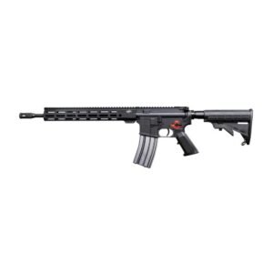 Black semi-automatic rifle with a tactical stock and a long barrel.