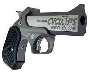 Gray bond arms cyclops thumper handgun with engraved text "50 ae" on the barrel, featuring a black textured grip.