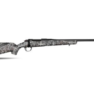 A camouflage-patterned rifle with a black barrel and stock, isolated on a white background.