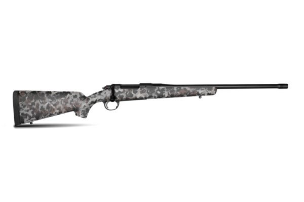 A camouflage-patterned rifle with a black barrel and stock, isolated on a white background.