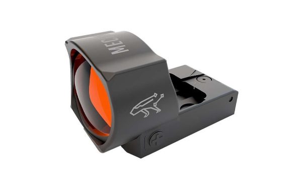 Black and gray firearm red dot sight with orange lens, featuring engraved logos and buttons.