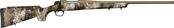 Camouflage-patterned rifle with a tan barrel and stock, featuring a textured grip and black trigger, suitable for hunting or shooting activities in casey, iowa.