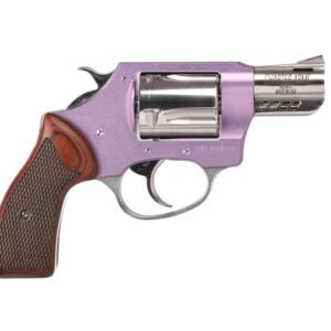 Purple and silver revolver with a wood-textured brown grip.