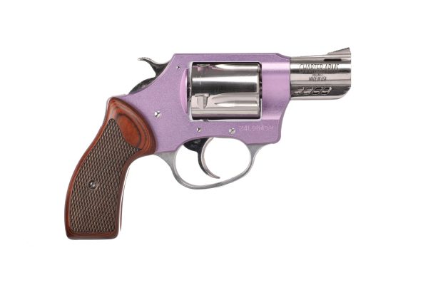Purple and silver revolver with a wood-textured brown grip.