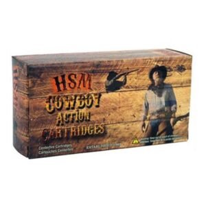 Box of hsm cowboy action cartridges with a rustic wooden design and cowboy imagery, related to firearms and ammo in casey, iowa.