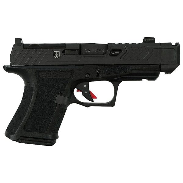 Black semi-automatic pistol with textured grip and red trigger accents.