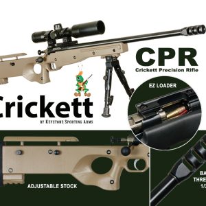 Alt text: Crickett Precision Rifle by Keystone Sporting Arms, featuring a tan adjustable stock, black scope, and black threaded barrel. Close-up of EZ Loader with ammo visible.