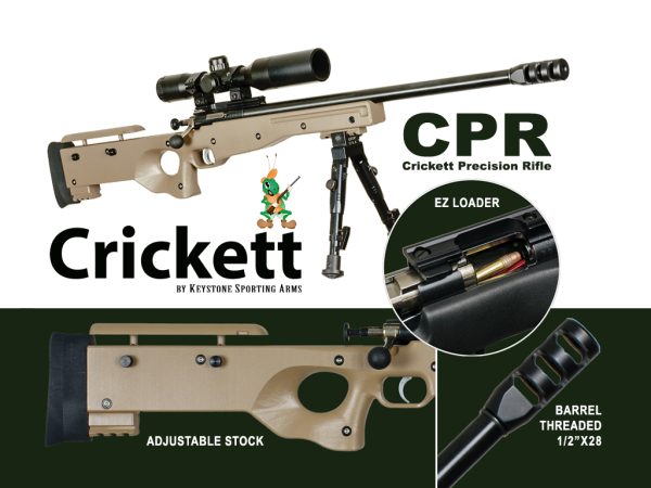 Alt text: crickett precision rifle by keystone sporting arms, featuring a tan adjustable stock, black scope, and black threaded barrel. Close-up of ez loader with ammo visible.