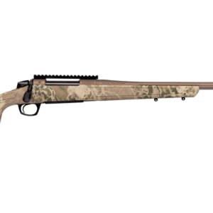 Camouflage-patterned long-range rifle with a brown finish, featuring an adjustable cheek rest and black trigger assembly.