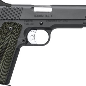 Black semi-automatic handgun with textured green grip and silver trigger on a white background.