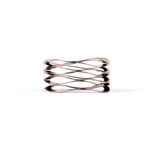 A black metal design object with a twisted, wavy ribbon structure placed on a white background.