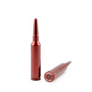 Red snap cap dummy rounds for 7mm PRC, featuring a metallic finish and engraved "A-ZOOM" branding, positioned upright and lying down on a white background.