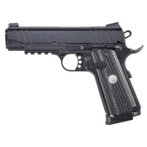 Black semi-automatic handgun with textured grip.