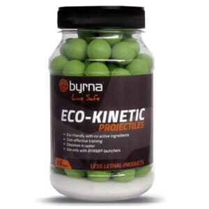 A jar of byrna eco-kinetic projectiles featuring green spherical ammo for less lethal use, suitable for firearms and guns, available in casey, iowa.