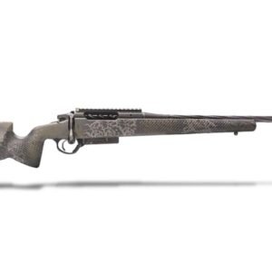 Gray hunting rifle with camouflage pattern and black details on the stock and barrel, against a white background.