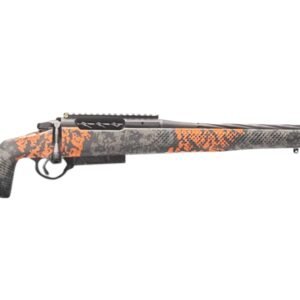 Gray and orange camo bolt-action rifle with a fluted barrel and black details.