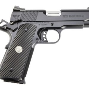 Black semi-automatic handgun with a textured grip and silver accents, featuring "wilson combat" branding.