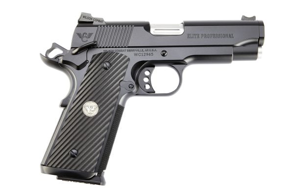 Black semi-automatic handgun with a textured grip and silver accents, featuring "wilson combat" branding.