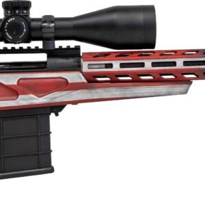 A rifle with an american flag-themed design featuring red, white, and blue colors, equipped with a scope and bipod, against a white background.