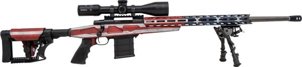 A rifle with an american flag-themed design featuring red, white, and blue colors, equipped with a scope and bipod, against a white background.