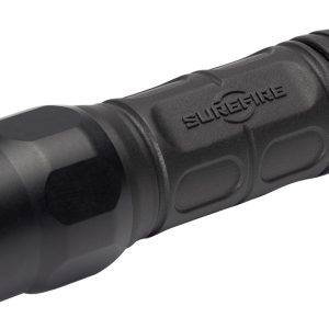 Black tactical flashlight with textured grip and "SureFire" branding.
