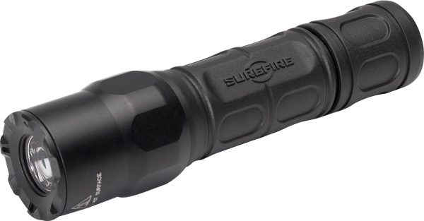 Black tactical flashlight with textured grip and "surefire" branding.